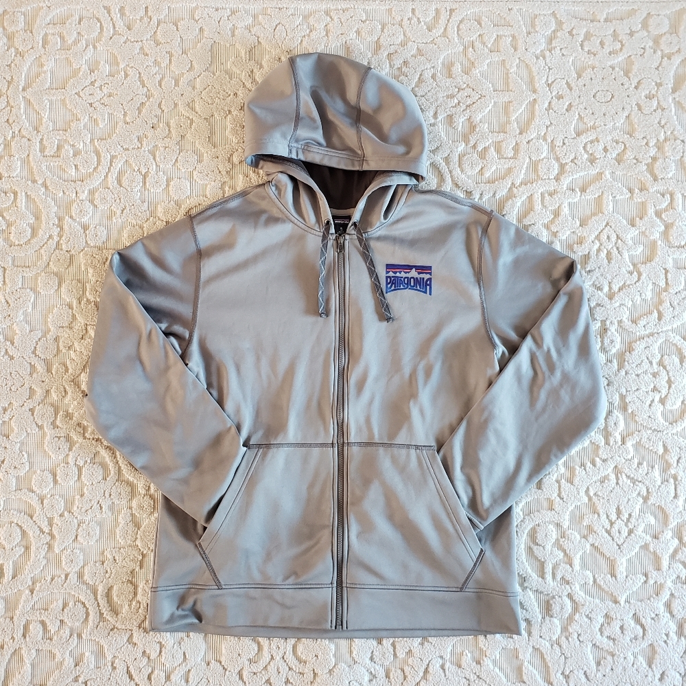 Patagonia full zip up grey hoodie, tech fleece material